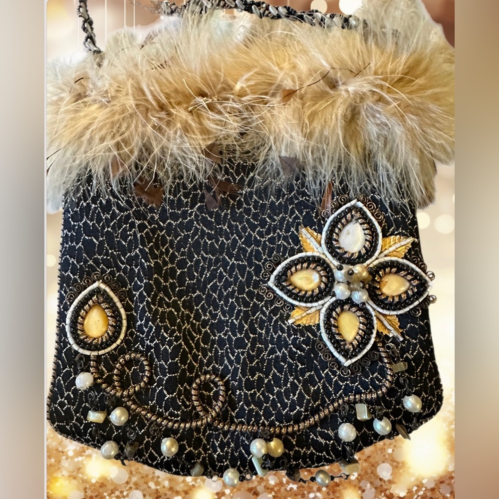 MARY FRANCES Black/Brown with Gold & Cream Bead Embellishments & Feathers - Picture 2 of 12